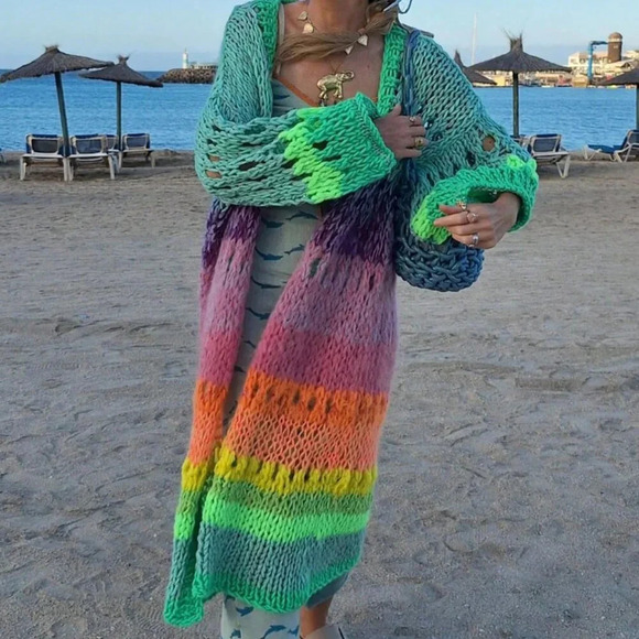 Multicolor Boho Women's Handknitted Bell Sleeve Crochet Kimono Cardigan - Picture 2 of 5